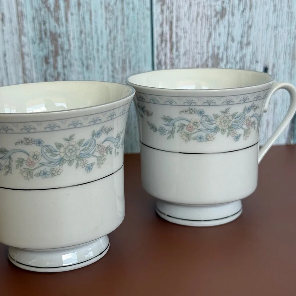 Somerset by NL Excel‎ 2 Coffee Tea Cup Footed Blue Pink Floral Trim Replacement